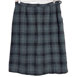 Vintage 70s 80s Blue Plaid Wool A-Line Skirt Side Zip Knee Length W 34" Women